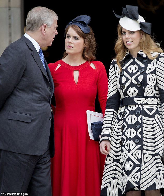 Andrew Mountbatten-Windsor, Princess Eugenie and Princess Beatrice at St Paul's Cathedral in London in June 2016