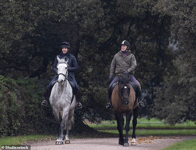 Andrew Mountbatten-Windsor riding with a groom at Windsor Castle on January 26, 2026