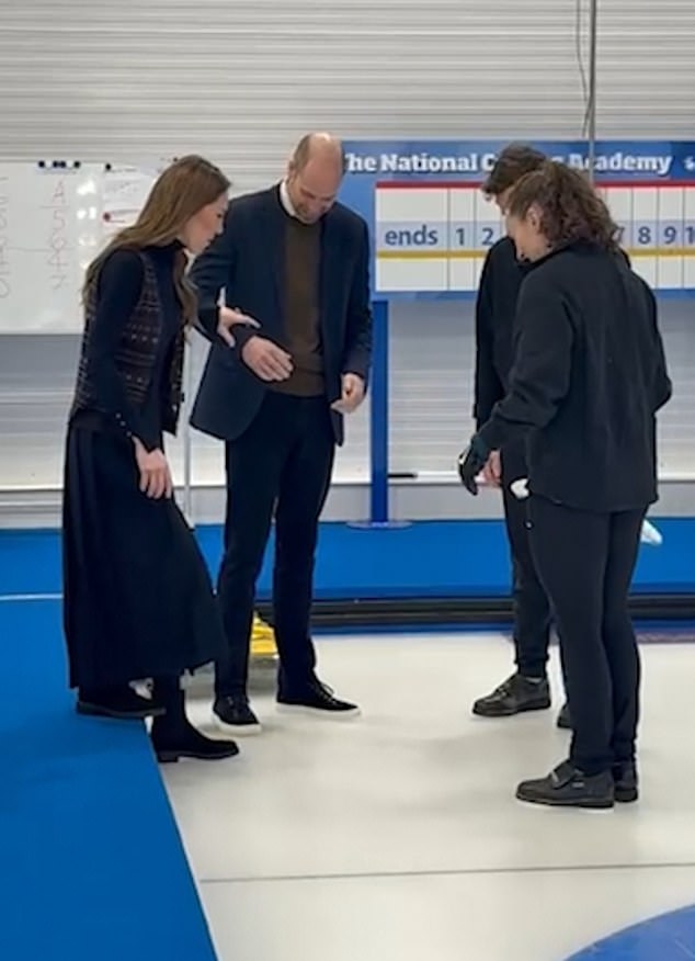 In one instance, William helped his wife onto the ice at the National Curling Academy in Stirling, carefully guiding her and making sure she was safe