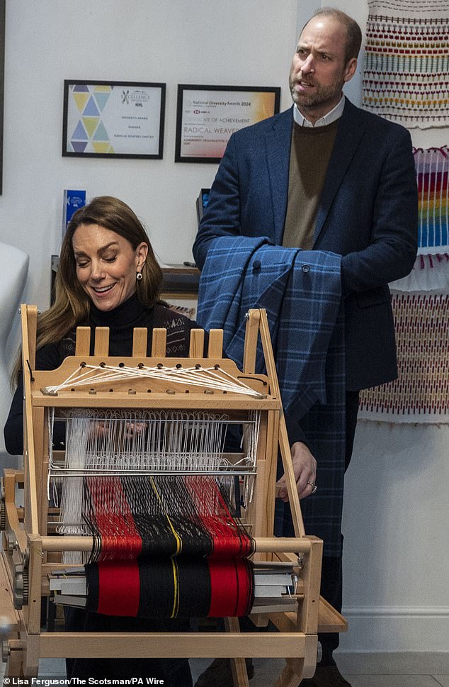 William proved he was the perfect gentleman when holding Kate's coat as she gave weaving a whirl at Radical Weavers
