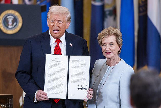 President Donald Trump with Education Secretary Linda McMahon displaying an executive order in March 2025