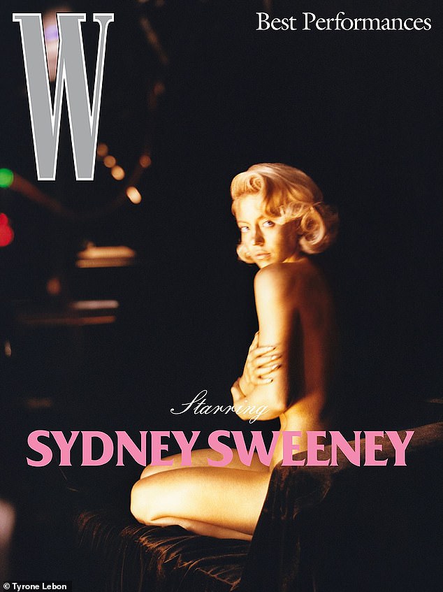 Sydney Sweeney on W Magazine cover, nude in gold body paint, staring into the camera on a velvet sofa