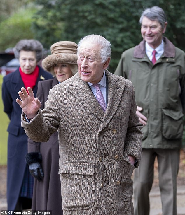 King Charles smiles as he jokes the Lotus is 'silent but deadly' outside St Peter's Church