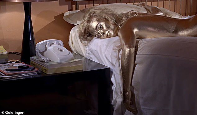 Shirley Eaton as Jill Masterson painted gold in the 1964 James Bond film Goldfinger
