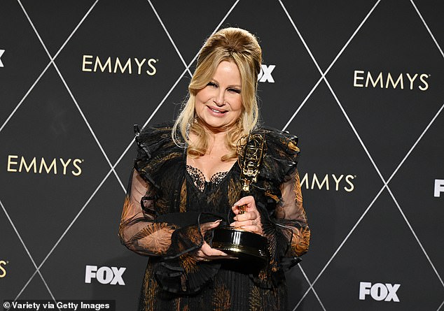 Jennifer Coolidge with her Emmy for The White Lotus as Tanya McQuoid