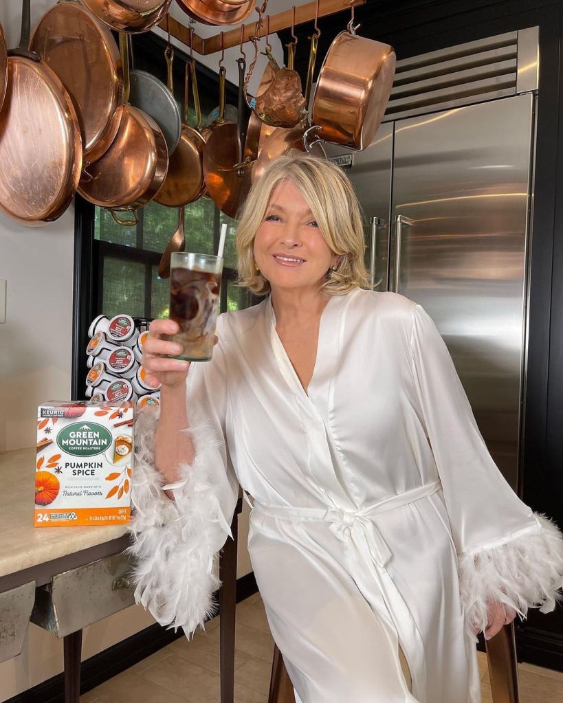 Martha Stewart in a robe with iced coffee, giving a peek at her morning routine.