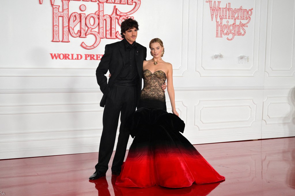 Jacob Elordi and Margot Robbie on the red carpet at the Wuthering Heights world premiere.