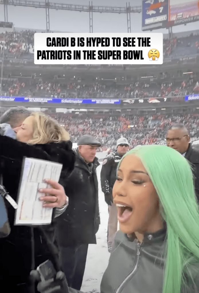Cardi B in a snowy stadium, shouting "We're going to the Super Bowl!"