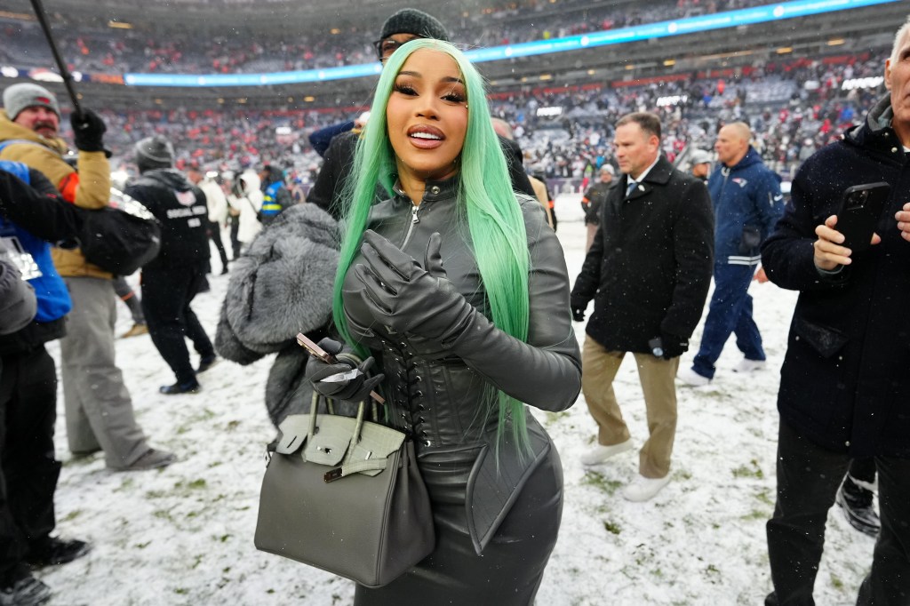 Cardi B poses on a snowy field in an all-black leather outfit with green hair.