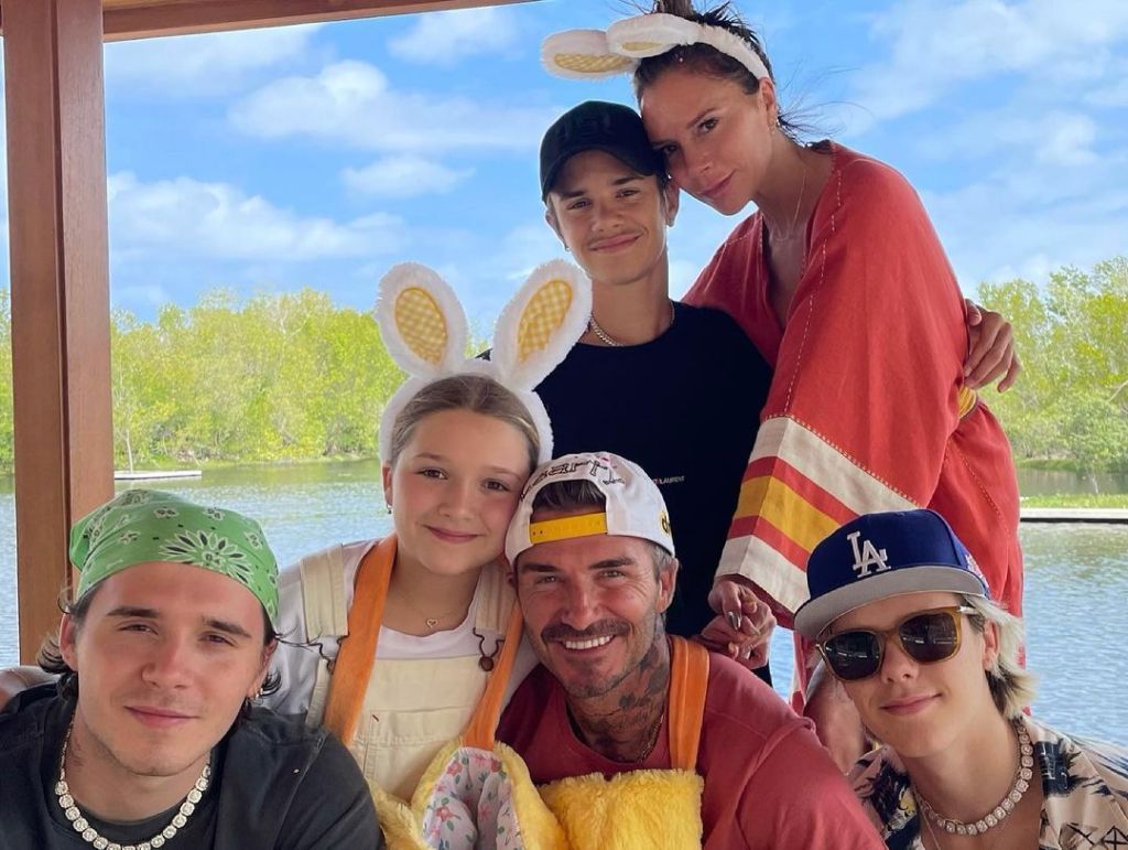 The Beckham family celebrating Easter with some members wearing bunny ears.