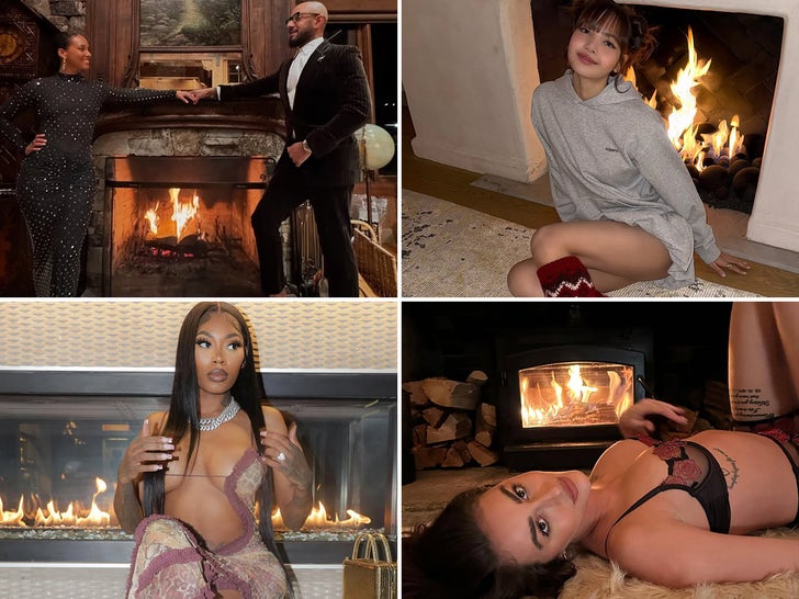 Celebrities posing by fireplaces - the cozy-glam photo trend.