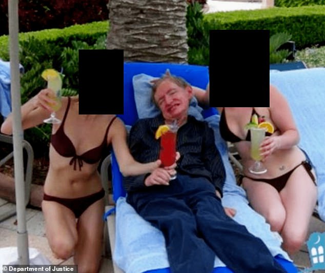 Professor Stephen Hawking grinning as he sits between two bikini-clad women, holding a cocktail, in a photo released in the Jeffrey Epstein files