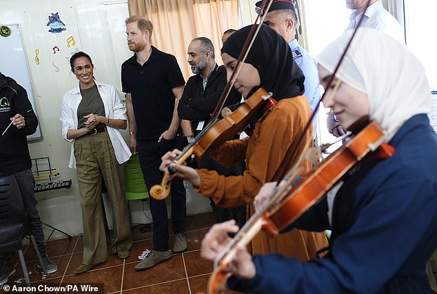 Prince Harry and Meghan Markle join a music session at a QuestScope youth center in Jordan.