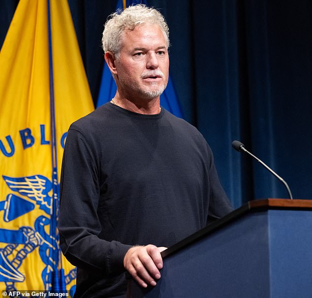 Eric Dane speaking at a podium during his ALS advocacy