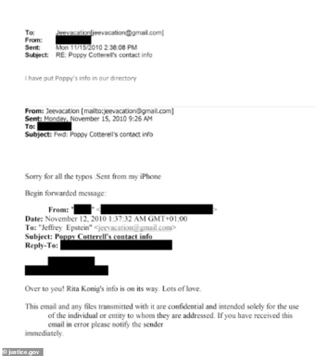 Redacted screenshot of a 2010 email reportedly sharing Poppy Cotterell's contact details