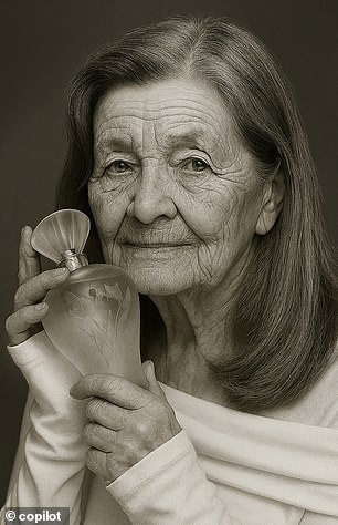 AI-aged portrait imagining Priscilla Presley at 80 with natural lines and crow's feet