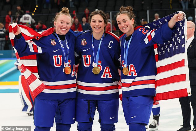 USA women's hockey players celebrate their gold; the team later declined Trump's White House invite.