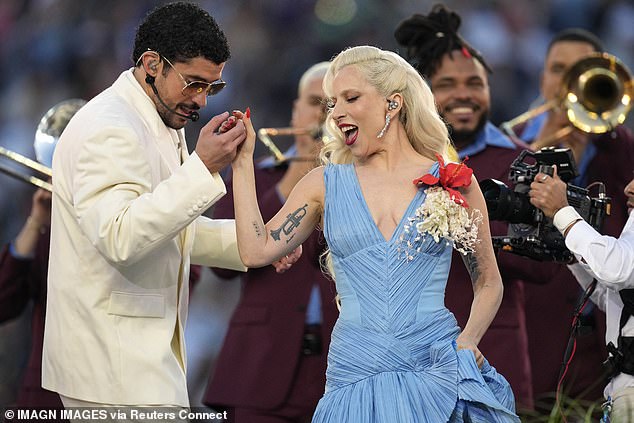 Bad Bunny and Lady Gaga salsa dance to 'Die With A Smile' during the halftime show