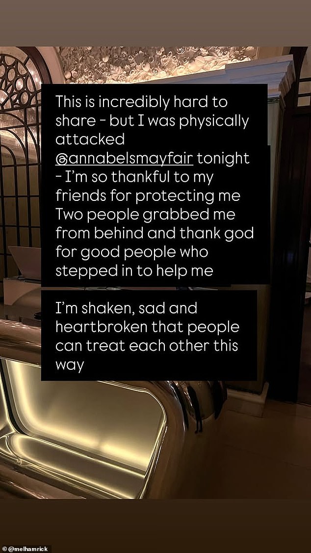 Screenshot of Melanie Hamrick's Instagram post about the Mayfair attack, thanking those who helped