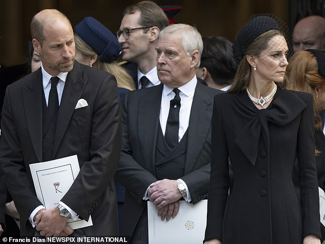 Prince William, Andrew Mountbatten-Windsor, and Catherine outside Westminster Cathedral