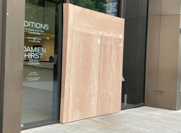 Phillips auction house and gallery in Berkeley Square was boarded up following a ram-raid burglary last May in a suspected attempt to steal a Damien Hirst artwork