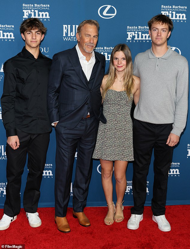 Kevin Costner and ex-wife Christine Baumgartner share sons Cayden, 18, Hayes, 16, and daughter Grace, 15; pictured in February 2025