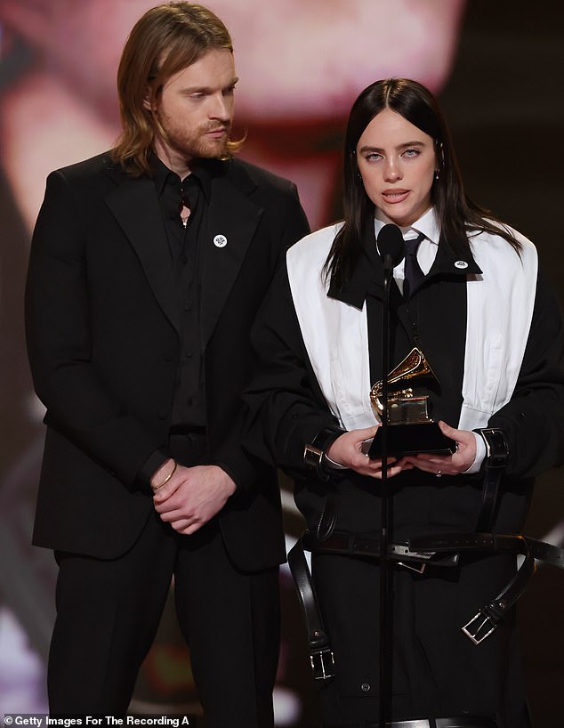 Billie Eilish and Finneas at the Grammys, where Eilish declared "F*** ICE"