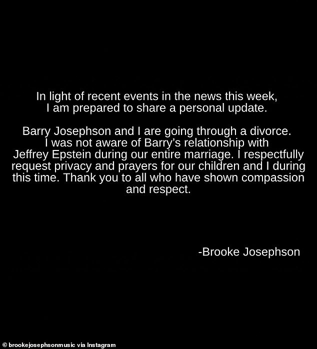 Screenshot of Brooke Josephson's Instagram Story confirming the divorce and requesting privacy