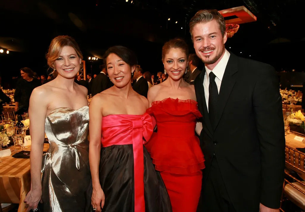 Actresses Ellen Pompeo, Sandra Oh, Rebecca Gayheart, and Eric Dane backstage at the 14th Annual Screen Actors Guild Awards.