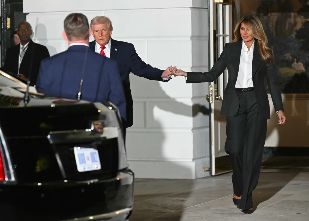 Donald and Melania Trump leave the White House en route to the State of the Union; her Dolce & Gabbana pantsuit is paired with a crisp white shirt.