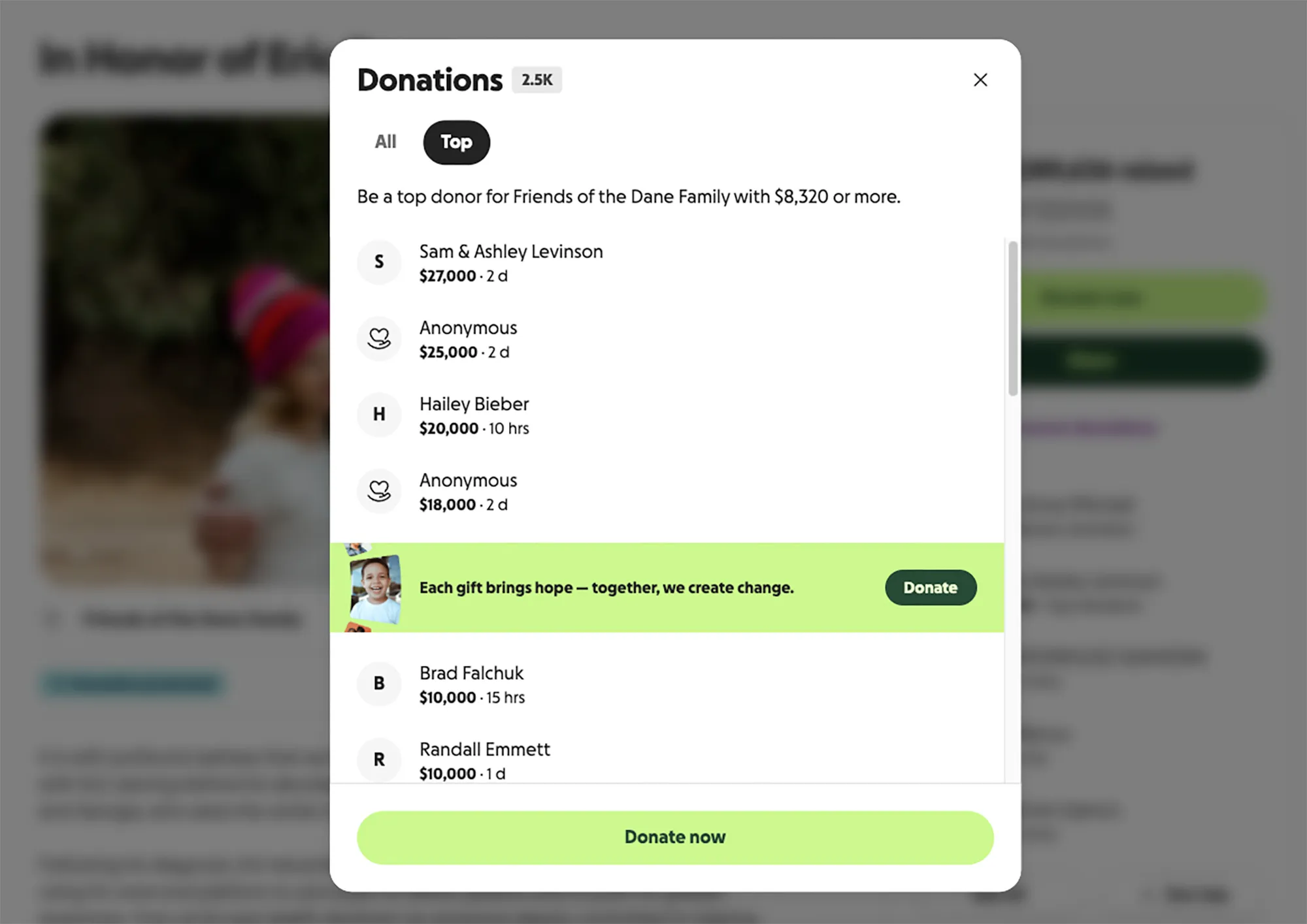 Screenshot of a GoFundMe page showing Hailey Bieber listed with a $20,000 donation.