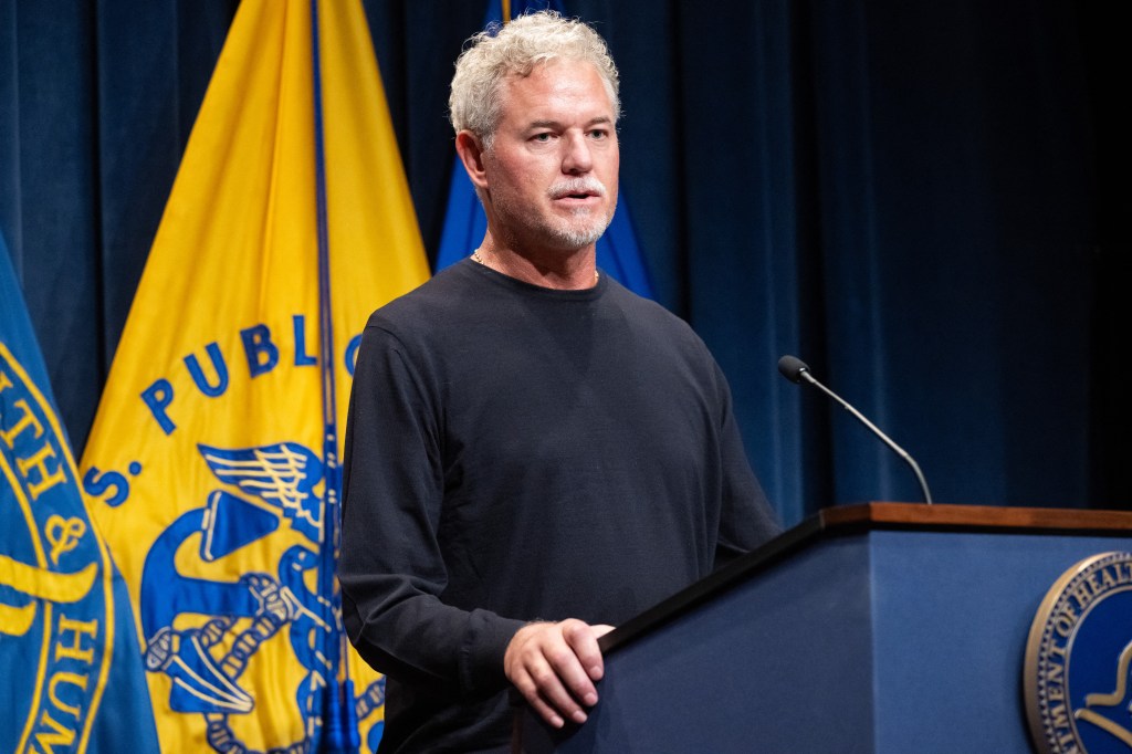 Actor Eric Dane speaks at a news conference about health insurance.
