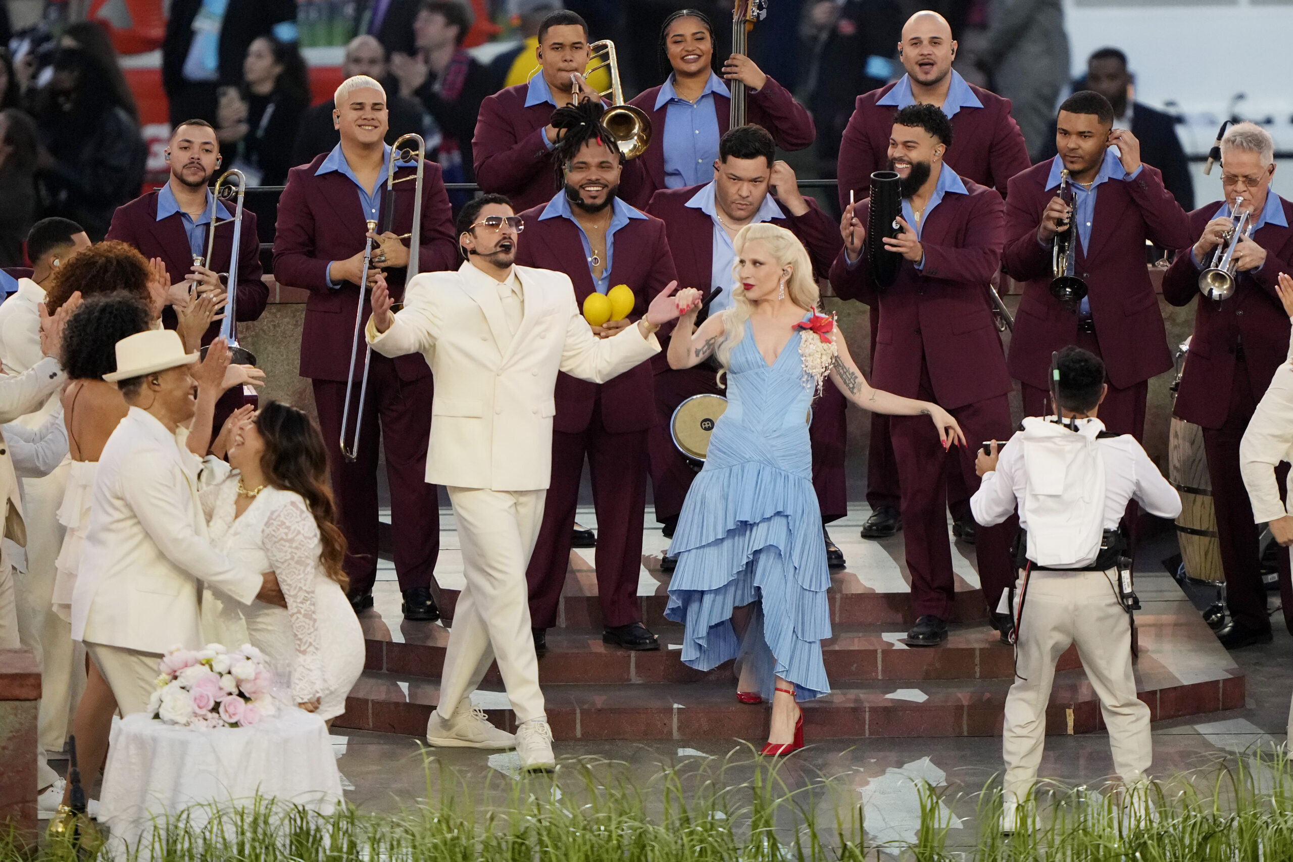 Bad Bunny and Lady Gaga perform during the Apple Music Super Bowl LX Halftime Show.