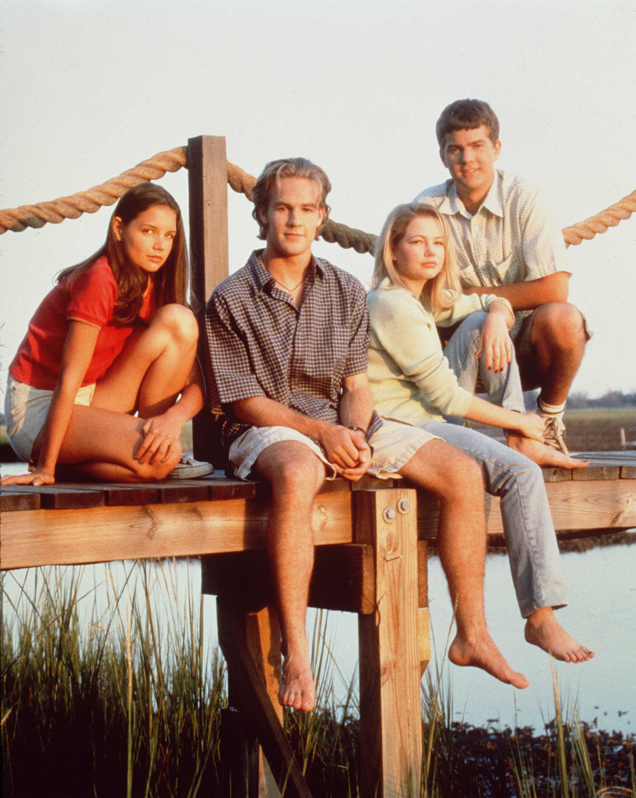 James Van Der Beek with his Dawson's Creek co-stars on a dock.