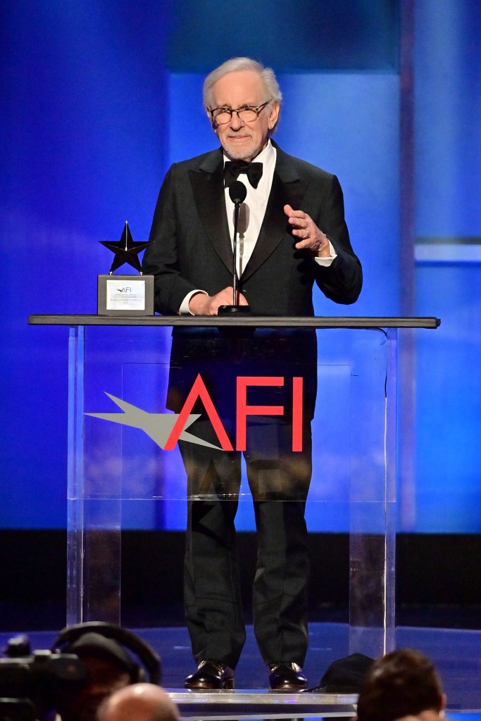 Steven Spielberg speaks onstage at the AFI Life Achievement Award; he and Kate Capshaw donated $25,000 to the Van Der Beek family GoFundMe.