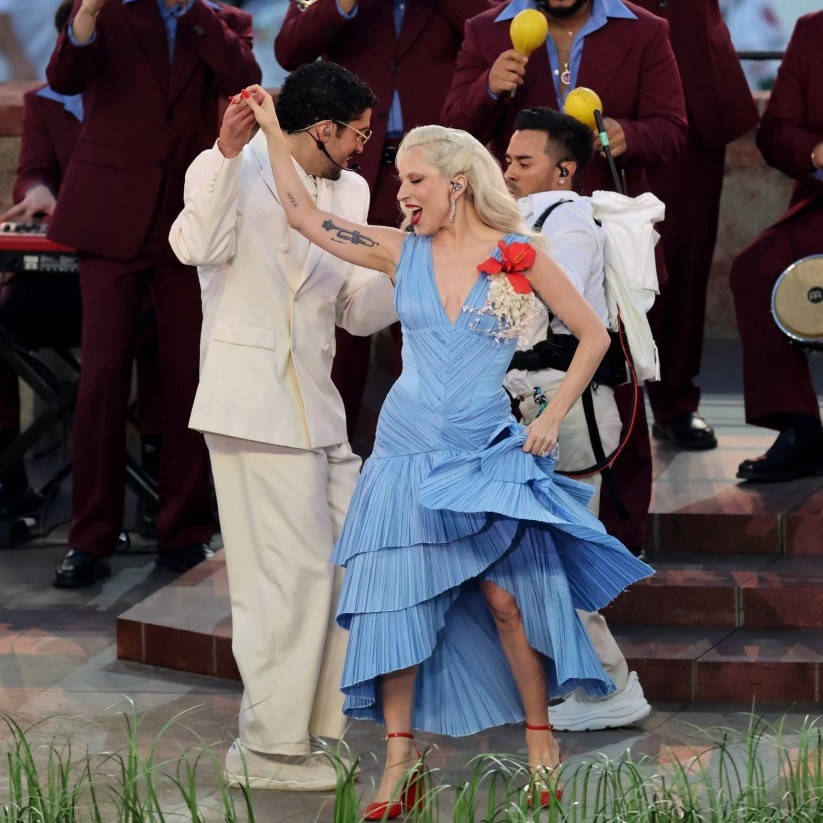 Lady Gaga joined Bad Bunny onstage during his Super Bowl halftime show performance, dressed in Luar. - pagesix