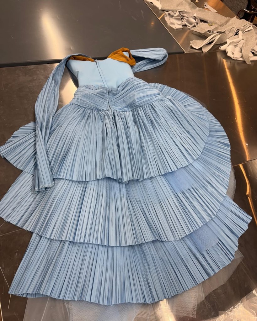 Lady Gaga's light blue pleated Super Bowl dress.