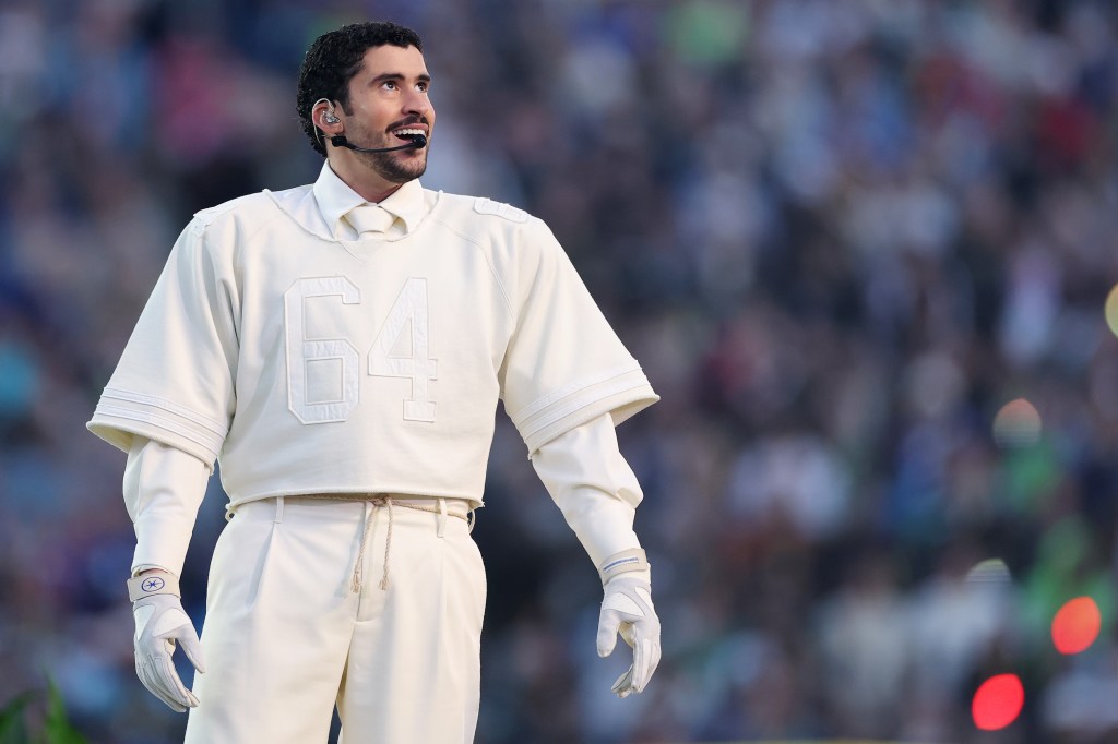 Bad Bunny performs during the Super Bowl LX halftime show.