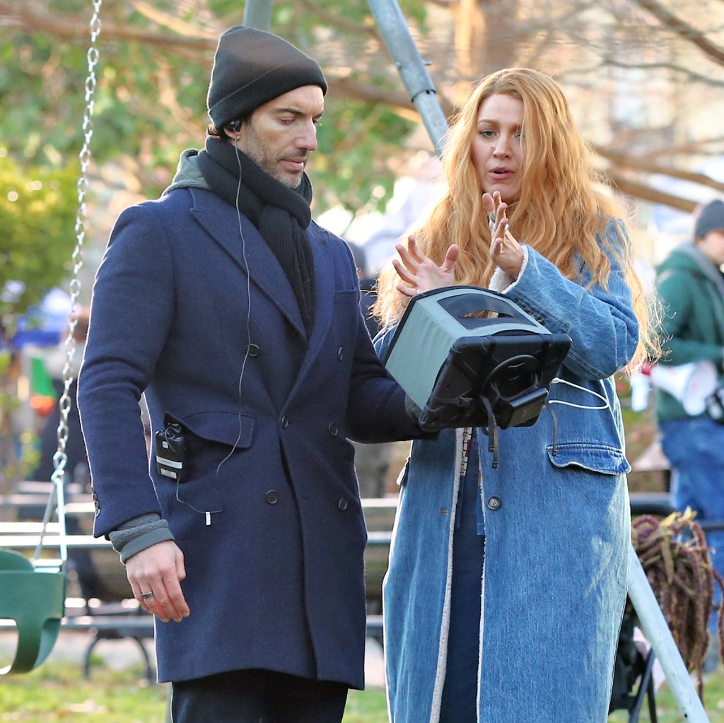 Blake Lively and Justin Baldoni in discussion on the set of It Ends With Us.