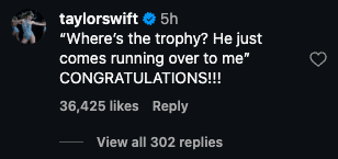 Taylor Swift's Instagram comment referencing lyrics from her song The Alchemy to congratulate skier Breezy Johnson on her engagement.
