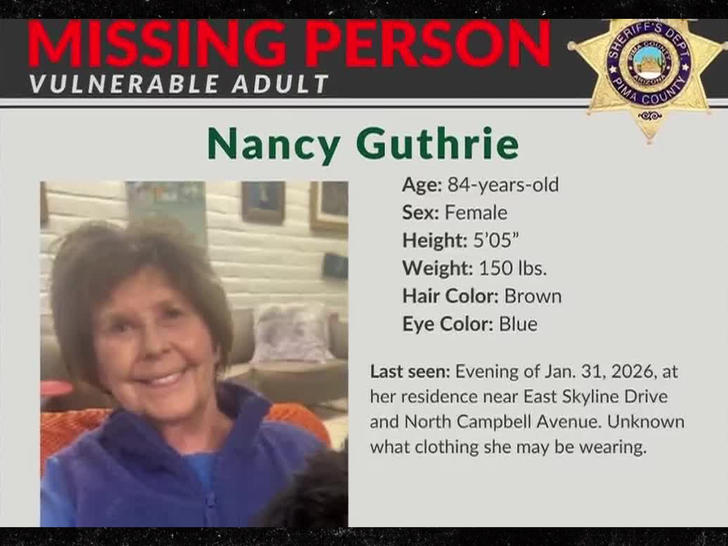 Official missing-person poster for Nancy Guthrie released by the Pima County Sheriff's Department.