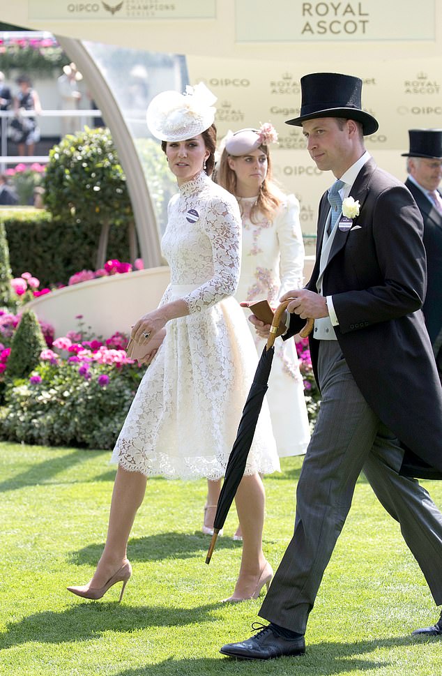 Princess Kate with Prince William as Princess Beatrice approaches during a Royal Ascot moment referenced in the article.