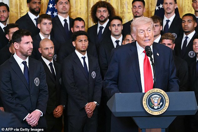 Donald Trump speaks at the White House as Lionel Messi and Inter Miami teammates look on
