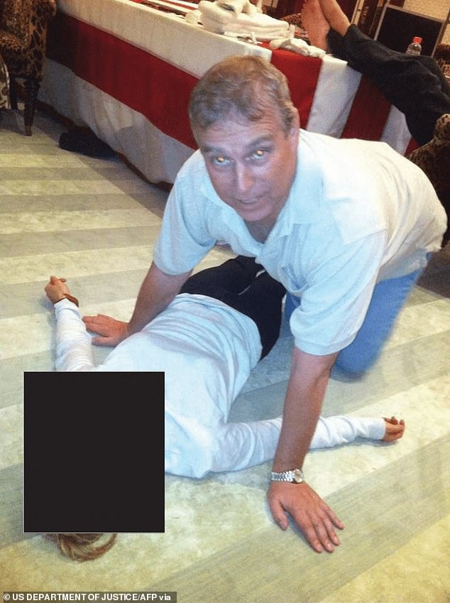Image from unsealed Epstein Files appears to show Andrew Mountbatten-Windsor kneeling over an unidentified woman on a massage table at Jeffrey Epstein's New York home; all parties clothed.