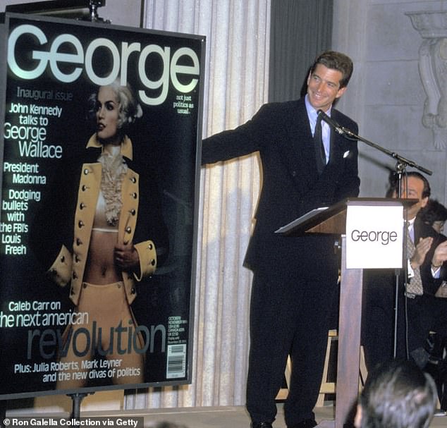 JFK Jr. at the George magazine launch with the Cindy Crawford cover
