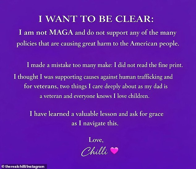Chilli's all-caps Instagram statement: 'I WANT TO BE CLEAR: I am not MAGA...'
