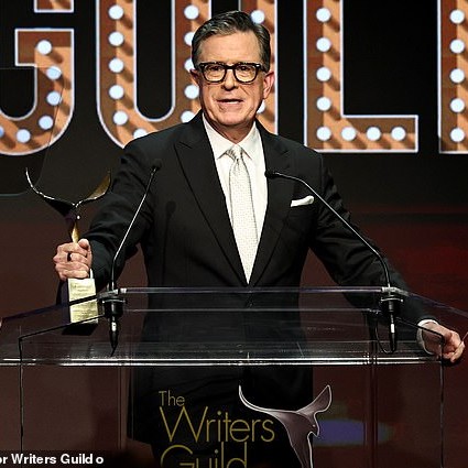 Stephen Colbert, 61, was being honored with the Walter Bernstein Award at the 78th Writers Guild of America Awards when he once again brought up CBS's parent company, Paramount - Daily Mail US