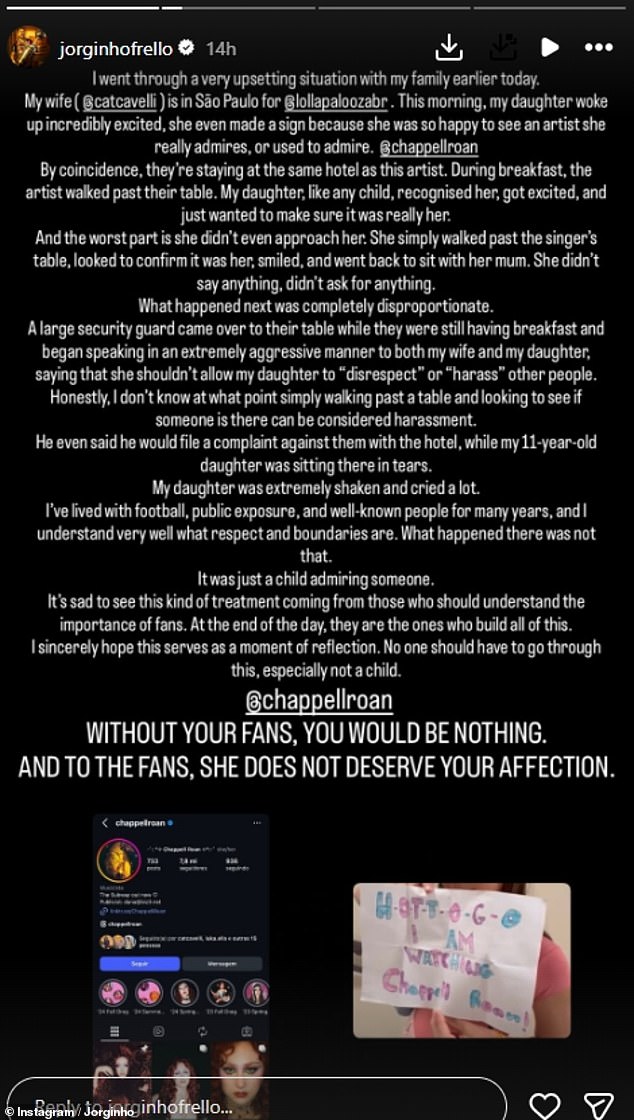 Screenshot of Jorginho's Instagram statement describing the breakfast incident involving his wife and 11-year-old stepdaughter.