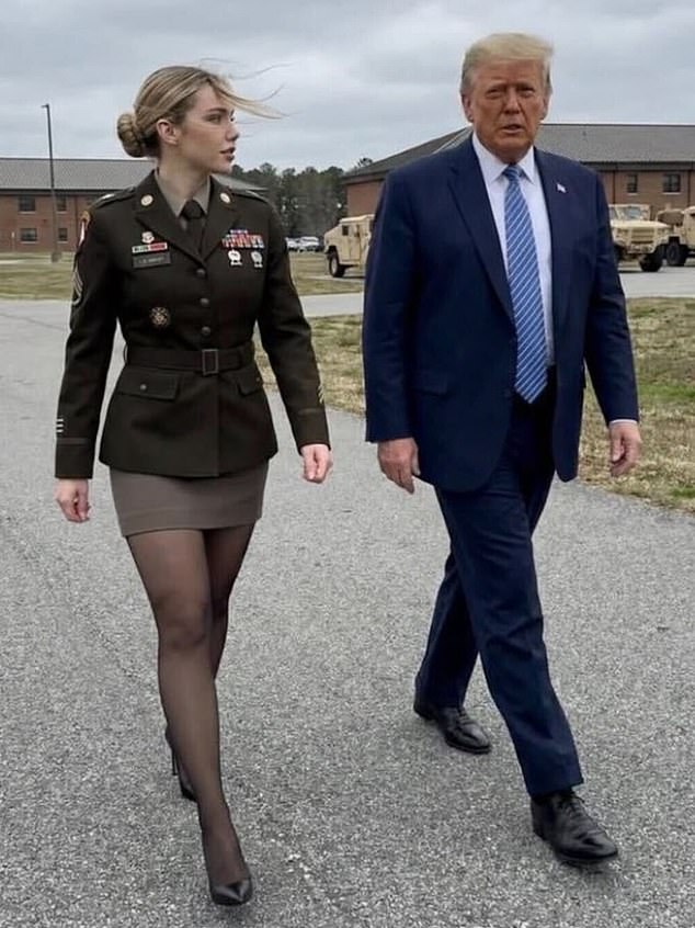 Foster posed on the tarmac with President Trump, sporting high heels and a slicked-back hairstyle. (This photo of Foster and Trump is AI-generated)