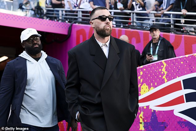 Kelce at the Super Bowl after deciding against retirement and signing a new deal